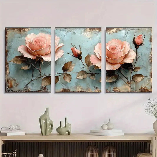 3pcs Pale Pink & Cream Floral Painting Metal Print Ready to Hang Art