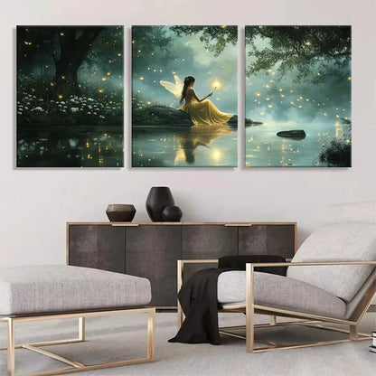 3pcs Fairy in Enchanted Forest Glowing Perfect Wall Art Set Canvas Framed 40x60cm - High Quality Print 100% Australian Made Wall Canvas Ready to Hang