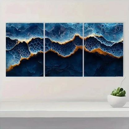 3pcs Shades of Indigo & Honeycomb Design Q   Wall Art Set Canvas Framed 50x70cm - High Quality Print 100% Australian Made Wall Canvas Ready to Hang