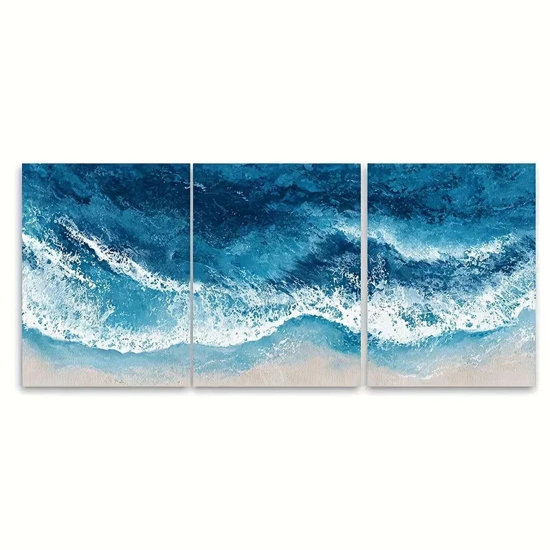 3pcs Abstract Blue Seaside Illustration Wall Art Set Canvas Framed 50x70cm – High Quality Print 100% Australian Made Wall Canvas Ready to Hang