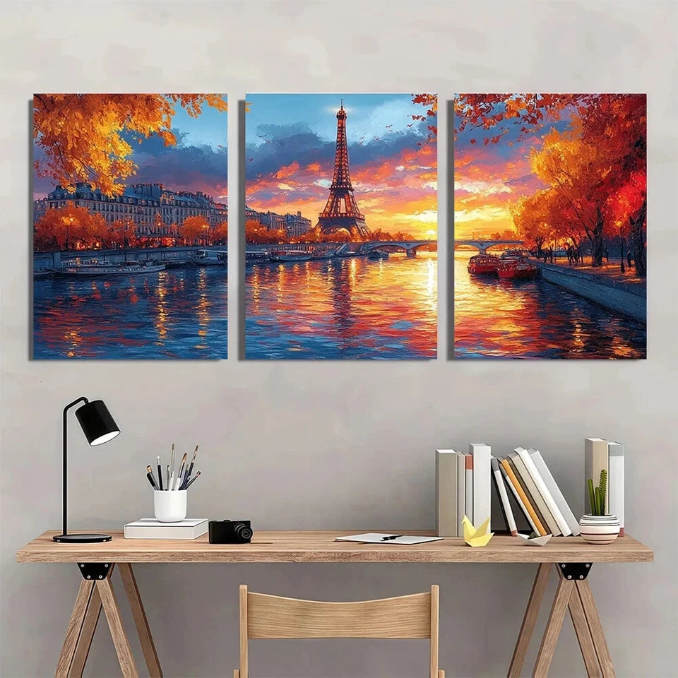 3pcs Paris Eiffel Tower Vibrant Autumn Scenery Metal Print Ready to Hang Art