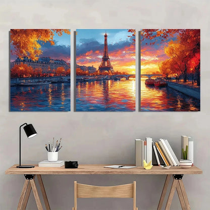 3pcs Paris Eiffel Tower Vibrant Autumn Scenery Metal Print Ready to Hang Art