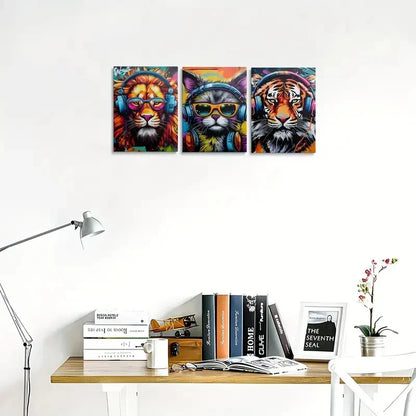 3pcs Vibrant Graffiti Animals Lions & Tigers Metal Print Ready to Hang Art