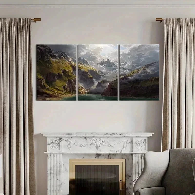 3pcs Mountain Valley with Mystical Castle Wall Art Set Canvas Framed 40x60cm - High Quality Print 100% Australian Made Wall Canvas Ready to Hang