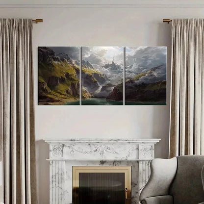 3pcs Mountain Valley with Mystical Castle Wall Art Set Canvas Framed 40x60cm - High Quality Print 100% Australian Made Wall Canvas Ready to Hang