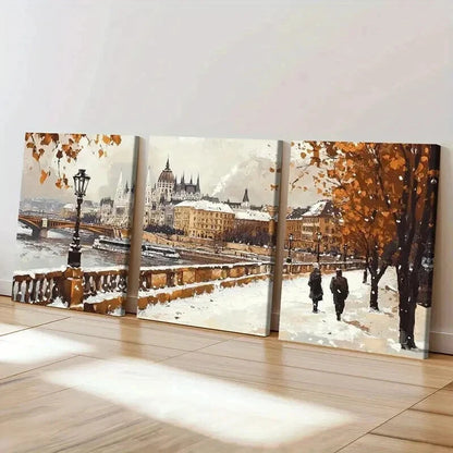 3pcs Snowy Cityscape with River & Autumn Leaves Wall Art Set Canvas Framed 40x60cm - High Quality Print 100% Australian Made Wall Canvas Ready to Hang