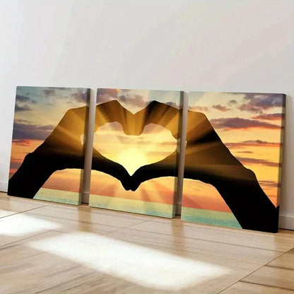 3pcs Hands Forming a Heart with Sunset Wall Art Set Canvas Framed 40x60cm - High Quality Print 100% Australian Made Wall Canvas Ready to Hang