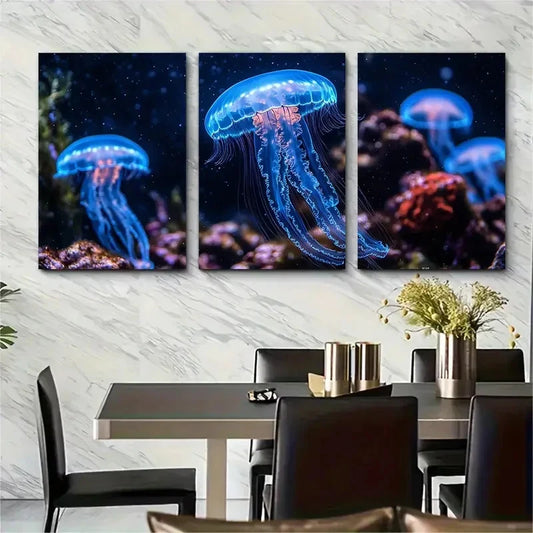 3pcs Neon Blue Jellyfish Aquarium Perfect  Wall Art Set Canvas Framed 40x60cm - High Quality Print 100% Australian Made Wall Canvas Ready to Hang