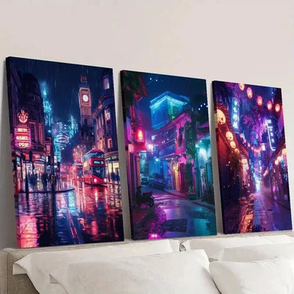 3pcs City Night Scene under Neon Lights Wall Art Canvas Unframed - High Quality Print 100% Australian Made Wall Canvas