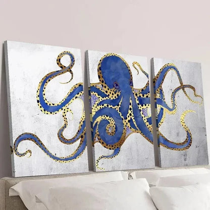 3pcs Navy Golden Blue and Gray Abstract Octopus Wall Art Canvas Unframed – High Quality Print 100% Australian Made Wall Canvas