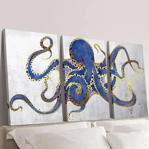 3pcs Navy Golden Blue and Gray Abstract Octopus Wall Art Canvas Unframed – High Quality Print 100% Australian Made Wall Canvas