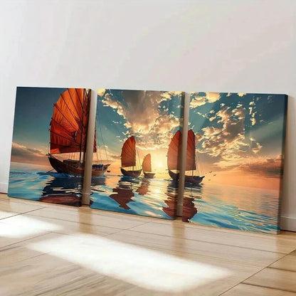 3pcs Sailing Ships Sunset Sky Calm Ocean Wall Art Set Canvas Framed 40x60cm - High Quality Print 100% Australian Made Wall Canvas Ready to Hang