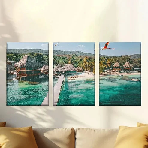 3pcs Beach Resort Scene with Palm Trees Wall Art Canvas Unframed - High Quality Print 100% Australian Made Wall Canvas