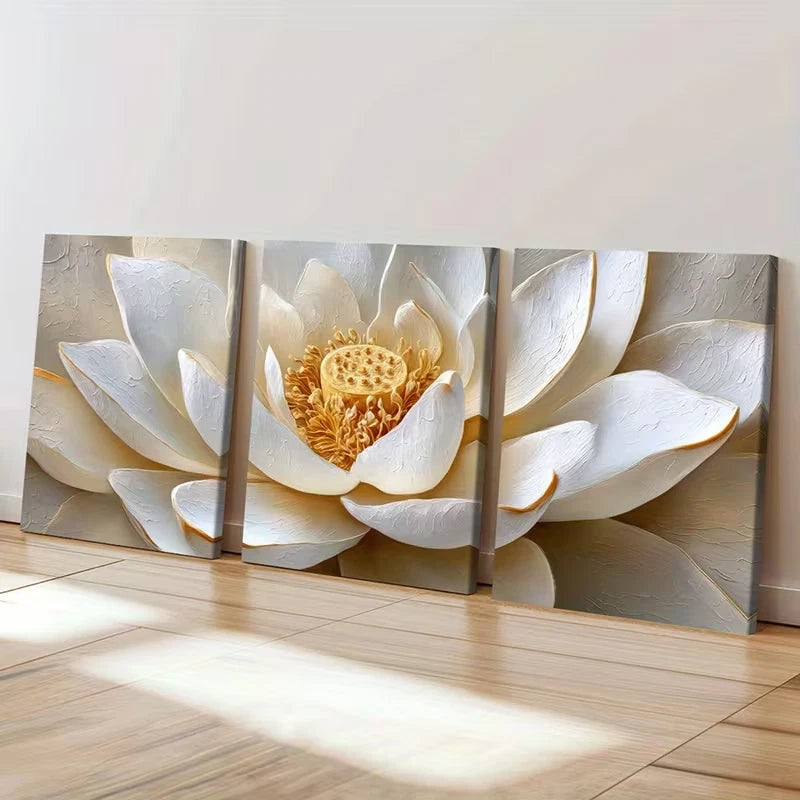 3pcs Elegant White Lotus Flower Decor  Wall Art Set Canvas Framed 60x90cm - High Quality Print 100% Australian Made Wall Canvas Ready to Hang