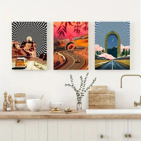 3pcs Modern Surreal Vehicle Road Trip Deco Wall Art Set Canvas Unframed - High Quality Print 100% Australian Made Wall Canvas
