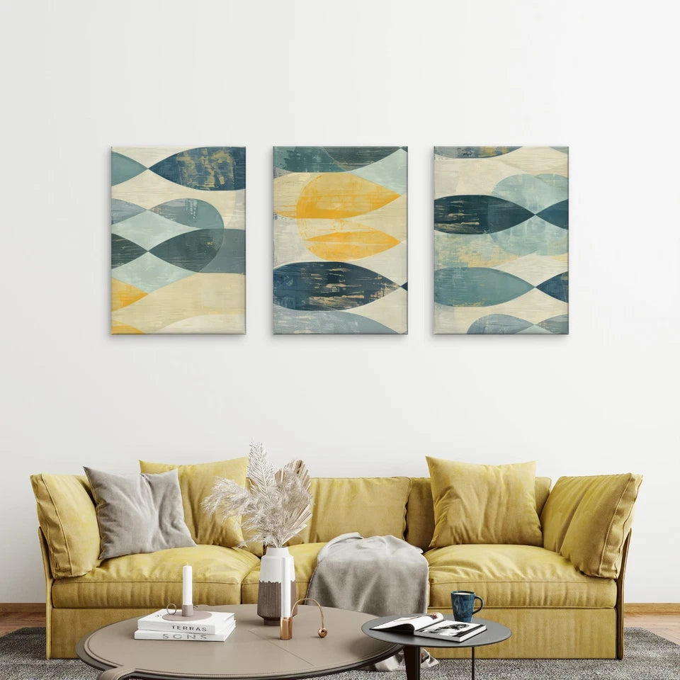 3pcs Modern Abstract Geometric Teal and Yellow Wall Art Set Canvas Framed 40x60cm - High Quality Print 100% Australian Made Wall Canvas Ready to Hang