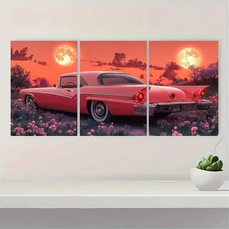 3pcs Retro Futuristic Vintage Car Mid Century Metal Print Ready to Hang Art