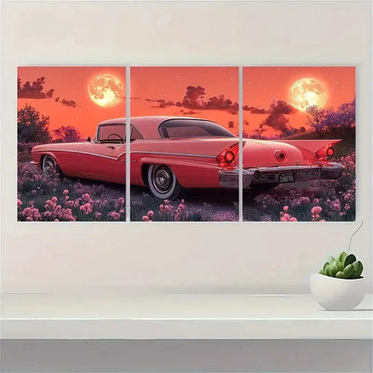 3pcs Retro Futuristic Vintage Car Mid Century Metal Print Ready to Hang Art