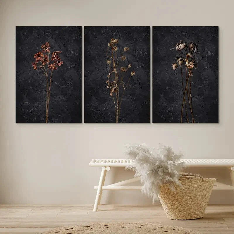 3pcs Dark Dried Wildflower Floral Botanical Wall Art Set Canvas Framed 50x70cm - High Quality Print 100% Australian Made Wall Canvas Ready to Hang
