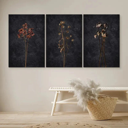 3pcs Dark Dried Wildflower Floral Botanical Wall Art Set Canvas Framed 50x70cm - High Quality Print 100% Australian Made Wall Canvas Ready to Hang