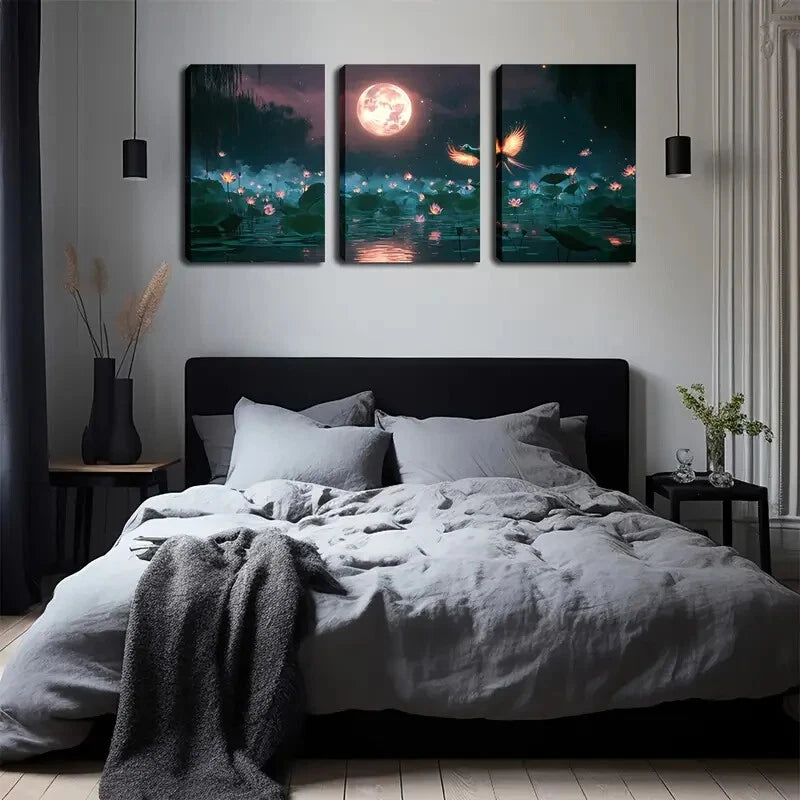 3pcs Moonlight For Lotus Blossoms Perfect Wall Art Set Canvas Framed 40x60cm - High Quality Print 100% Australian Made Wall Canvas Ready to Hang