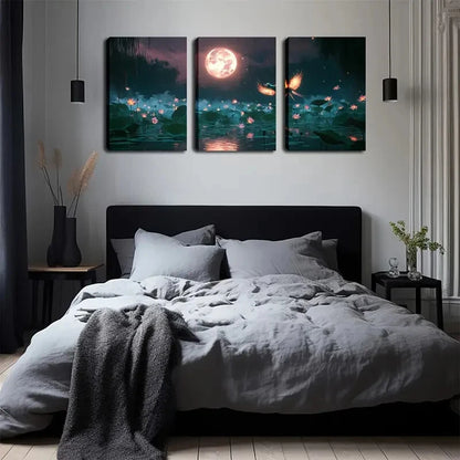 3pcs Moonlight For Lotus Blossoms Perfect Wall Art Set Canvas Framed 40x60cm - High Quality Print 100% Australian Made Wall Canvas Ready to Hang