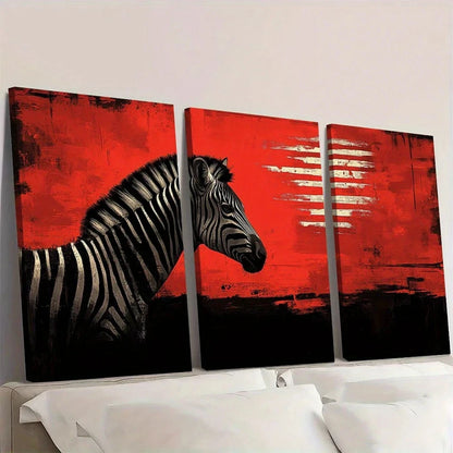 Triptych painting of a zebra against a red background