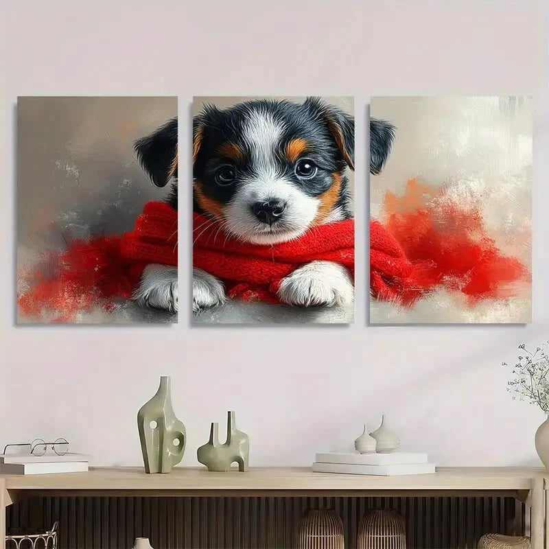 3pcs Adorable Puppy Red Sweater Design Metal Print Ready to Hang Art