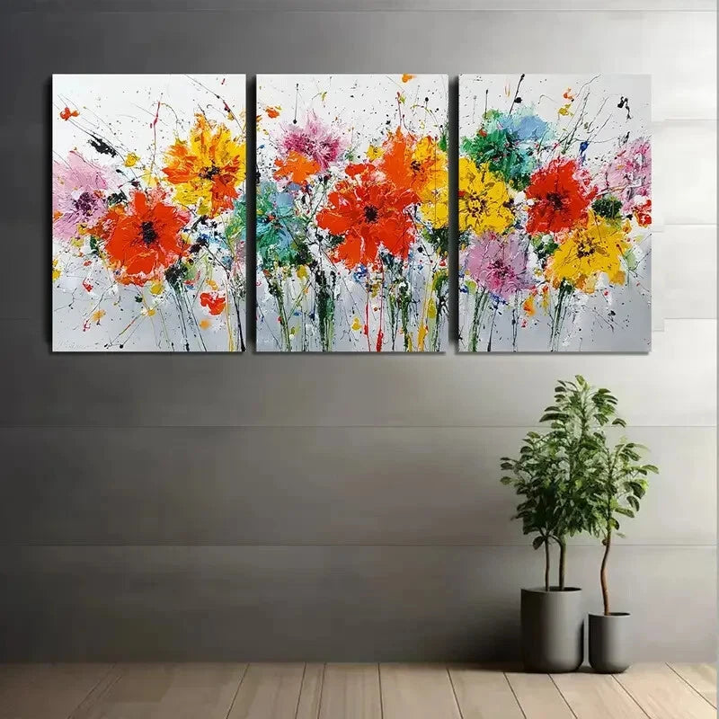 3pcs Abstract Painting of Wildflowers Metal Print Ready to Hang Art