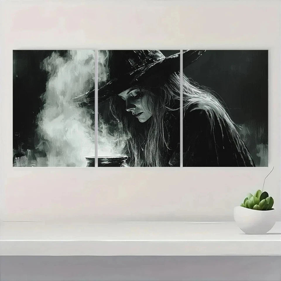 3pcs Monochrome Moody Witch Brewing Scene Metal Print Ready to Hang Art
