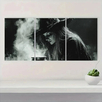 3pcs Monochrome Moody Witch Brewing Scene Metal Print Ready to Hang Art