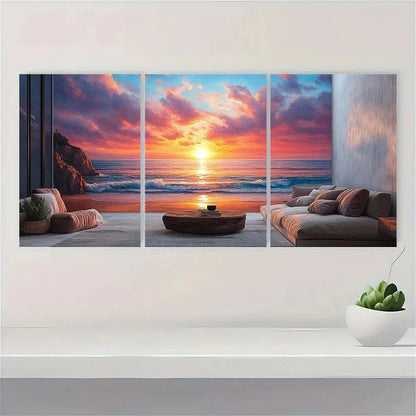3pcs Seascape Oil Painting Sunset Ocean Metal Print Ready to Hang Art