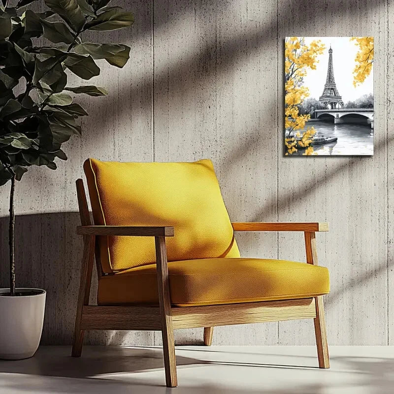 Eiffel Tower Paris Illustration With Yellow Flowers 40x60cm Metal Print Ready to Hang