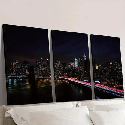 3pcs New York City Night Skyline Decor Wall Art Set Canvas Framed 40x60cm - High Quality Print 100% Australian Made Wall Canvas Ready to Hang