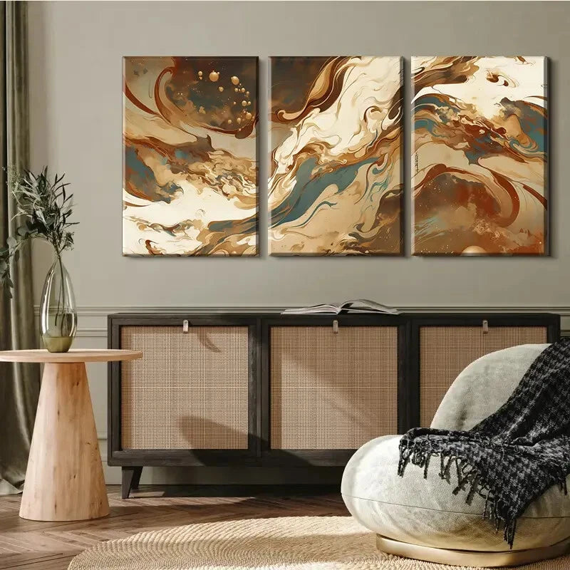 3pcs Earthy Tones Brown Abstract Fluid Perfect Wall Art Set Canvas Framed 40x60cm - High Quality Print 100% Australian Made Wall Canvas Ready to Hang
