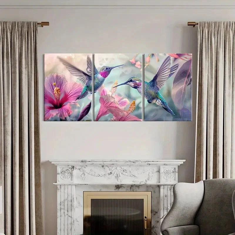 3pcs Vibrant Hummingbirds Exotic Flowers Metal Print Ready to Hang Art