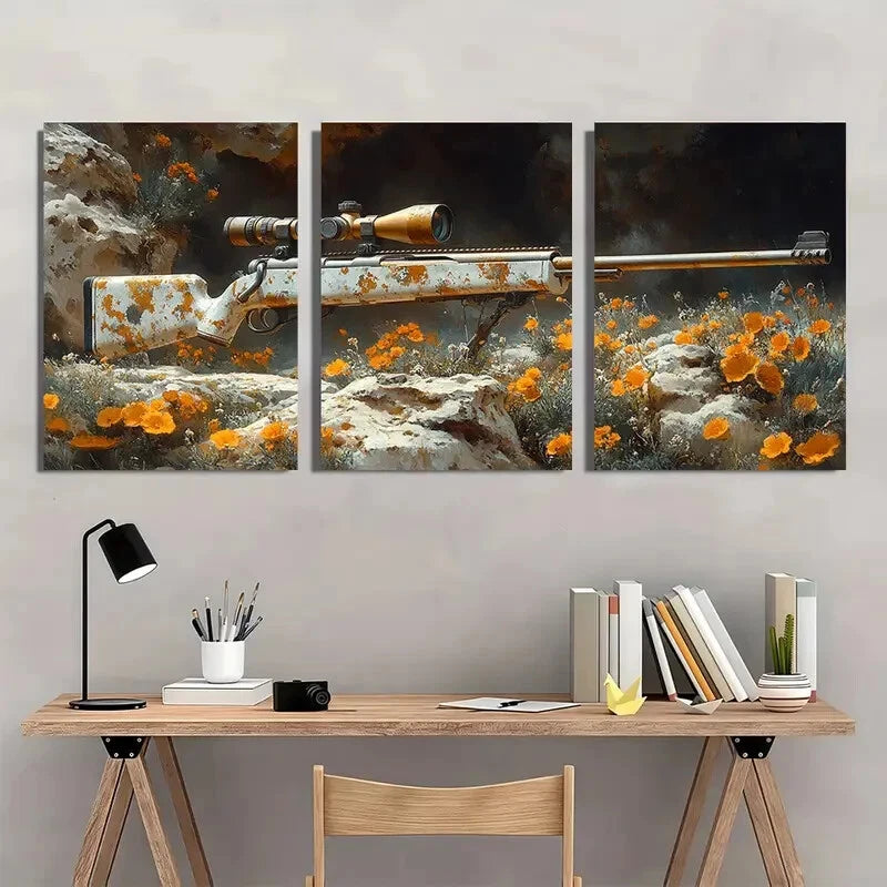 3pcs Vintage Rifle Rustic Hunting Scene Metal Print Ready to Hang Art