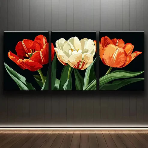 3pcs Three Tulips Red Orange Floral Perfect Wall Art Set Canvas Unframed - High Quality Print 100% Australian Made Wall Canvas