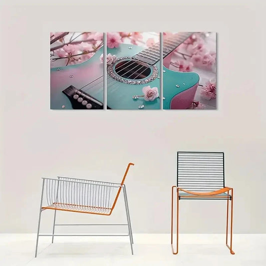 3pcs Acoustic Guitar Pink Blossoms and Rhinestones Metal Print Ready to Hang Art