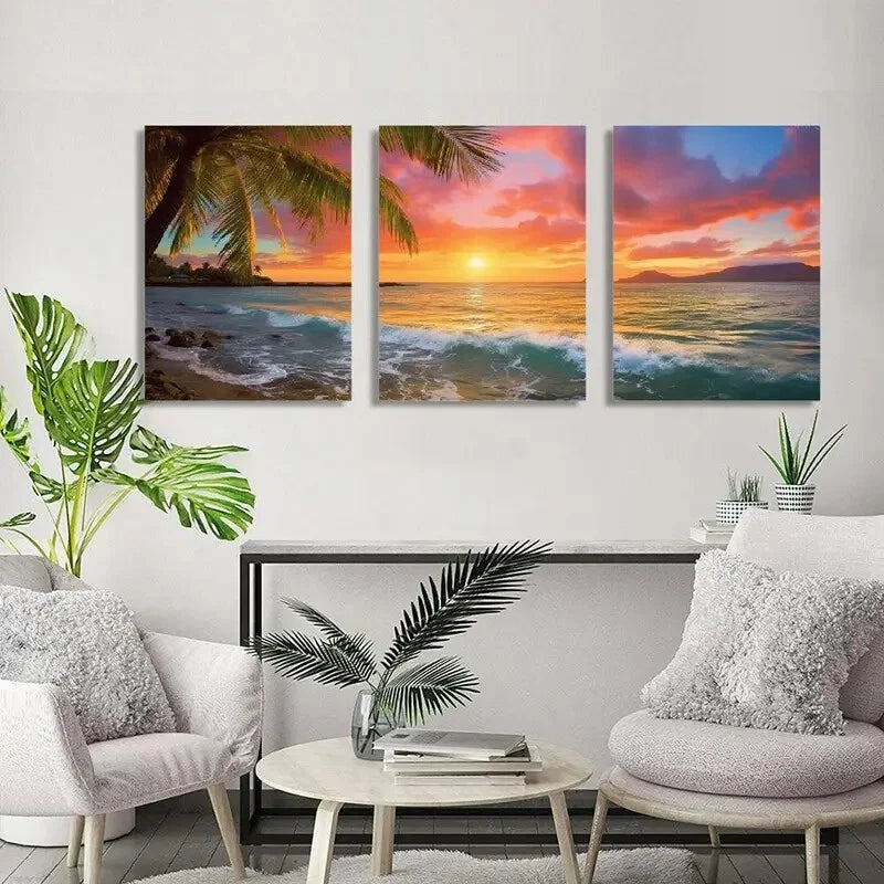 3pcs Sunset Ocean & Palm Trees Metal Print Ready to Hang Art