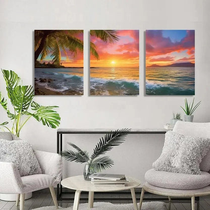 3pcs Sunset Ocean & Palm Trees Metal Print Ready to Hang Art