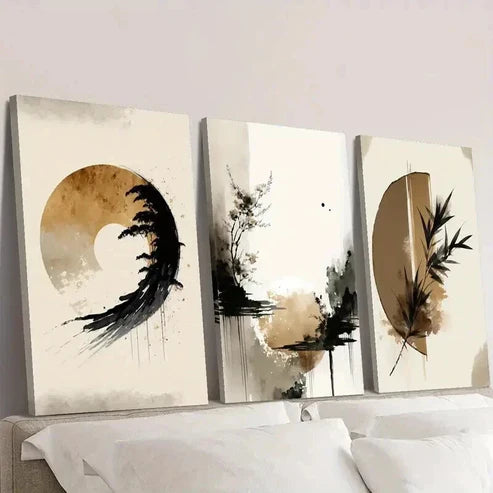 3pcs Natural Beige Wash Leaf & Zen Landscape Wall Art Set Canvas Unframed - High Quality Print 100% Australian Made Wall Canvas