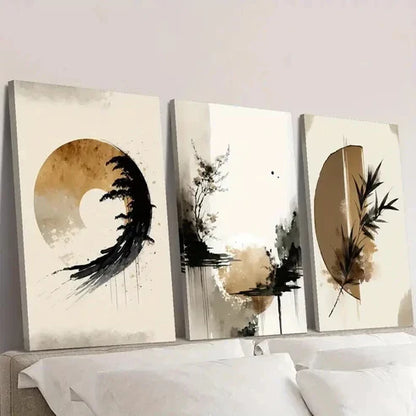 3pcs Natural Beige Wash Leaf & Zen Landscape Wall Art Set Canvas Unframed - High Quality Print 100% Australian Made Wall Canvas