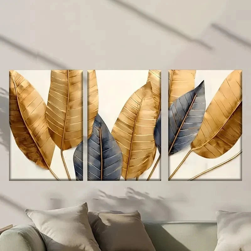 3pcs Three Golden Feathers on a White  Wall Art Set Canvas Framed 60x90cm - High Quality Print 100% Australian Made Wall Canvas Ready to Hang