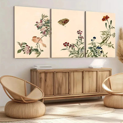 3pcs Vintage Flowers Birds Florals Green Leaves Wall Art Set Canvas Framed 50x70cm - High Quality Print 100% Australian Made Wall Canvas Ready to Hang