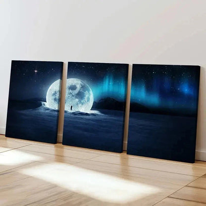 3pcs Aurora Snow Moon Falling On Snow Wall Art Set Canvas Framed 40x60cm - High Quality Print 100% Australian Made Wall Canvas Ready to Hang