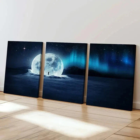 3pcs Aurora Snow Moon Falling On Snow Wall Art Set Canvas Framed 40x60cm - High Quality Print 100% Australian Made Wall Canvas Ready to Hang