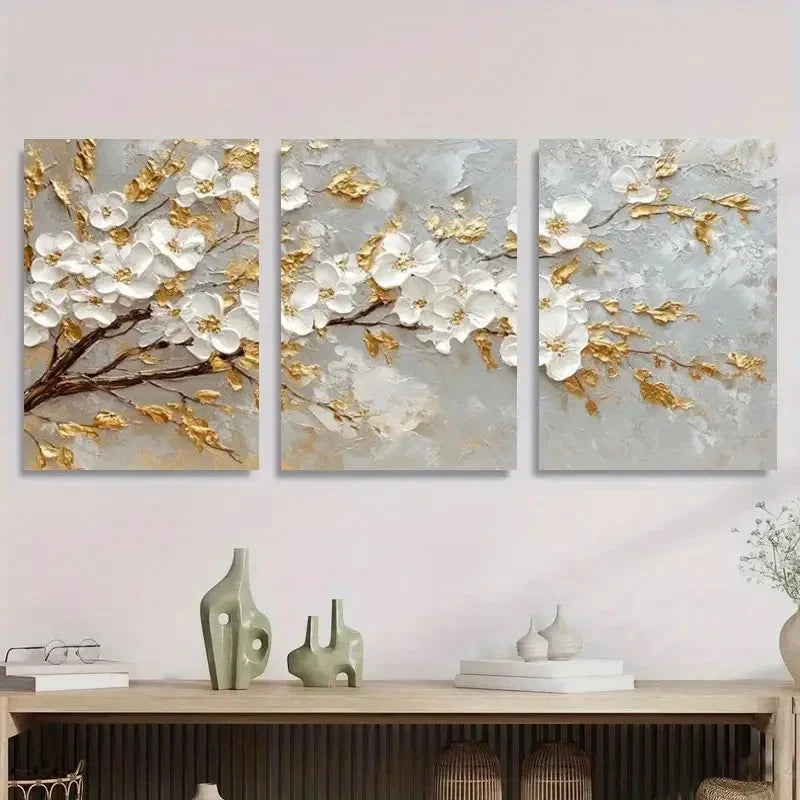 3pcs Textured Golden Blossom Tree Metal Print Ready to Hang Art