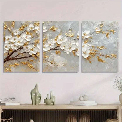 3pcs Textured Golden Blossom Tree Metal Print Ready to Hang Art