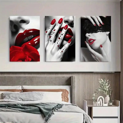 3pcs Red Lips And Nails Abstract Modern Perfect Wall Art Set Canvas Framed 40x60cm - High Quality Print 100% Australian Made Wall Canvas Ready to Hang